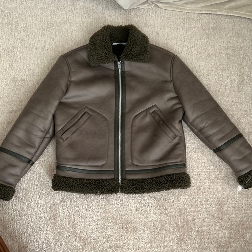 ZARA Mens Borg Fleece Lined coat Jacket in brown and olive size large
